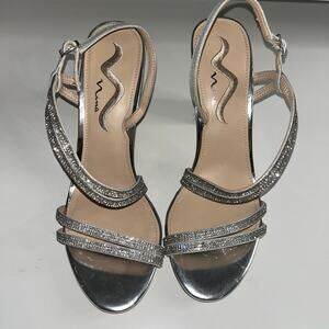 Nina Silver Glitter Heels Strappy Mid Heel Sandals Size 10M Sparkly Dress Shoes